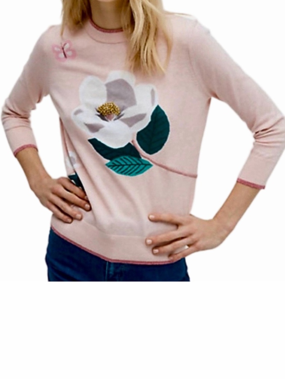 Kate Spade Magnolia Flower Cotton Cashmere Sweater Size XL Pink Embroidered
